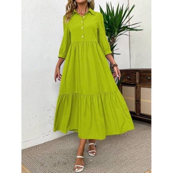 New Solid Ruffle Hem Smock Dress Maxi Women Outfit - Picture 4 of 6